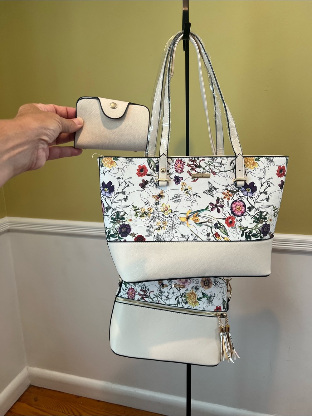 💙 Elim & Paul 3-Piece Bag Set Floral Butterflies Tote Crossbody Credit Card